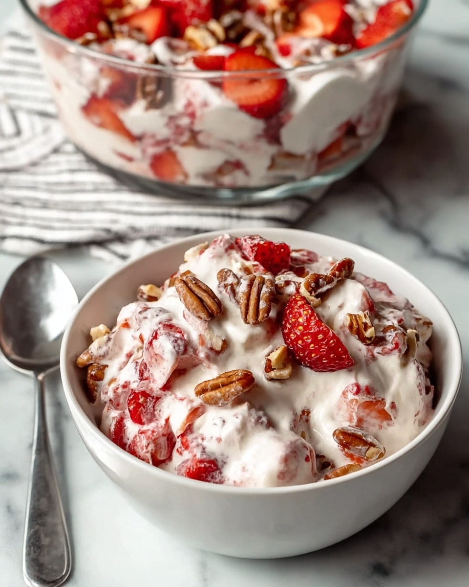 A white bowl filled with a creamy white layer mixed with bright red strawberry pieces and topped with light brown pecan halves, showing a soft and smooth texture with chunks of fruit and nuts throughout. Behind it, a large glass bowl holds a similar mix with visible layers of strawberries and cream dotted with pecans, all placed on a white marbled surface with a silver spoon and white cloth with black stripes beside the bowl. photo taken with an iphone --ar 4:5 --v 7