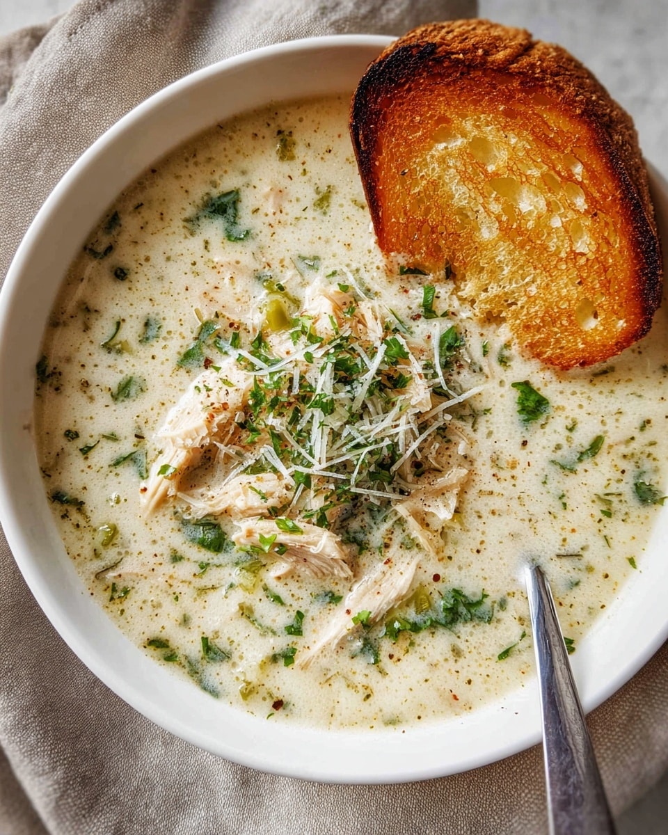 A white bowl filled with creamy, thick soup showing light green herbs and shredded chicken pieces in the center, topped with grated cheese and sprinkled with finely chopped green herbs and pepper. A large, golden-brown toasted slice of bread leans on one side of the bowl, showing a crispy crust with a soft inside. A metal spoon rests inside the bowl on the right side. The bowl sits on a beige cloth over a white marbled texture. photo taken with an iphone --ar 4:5 --v 7