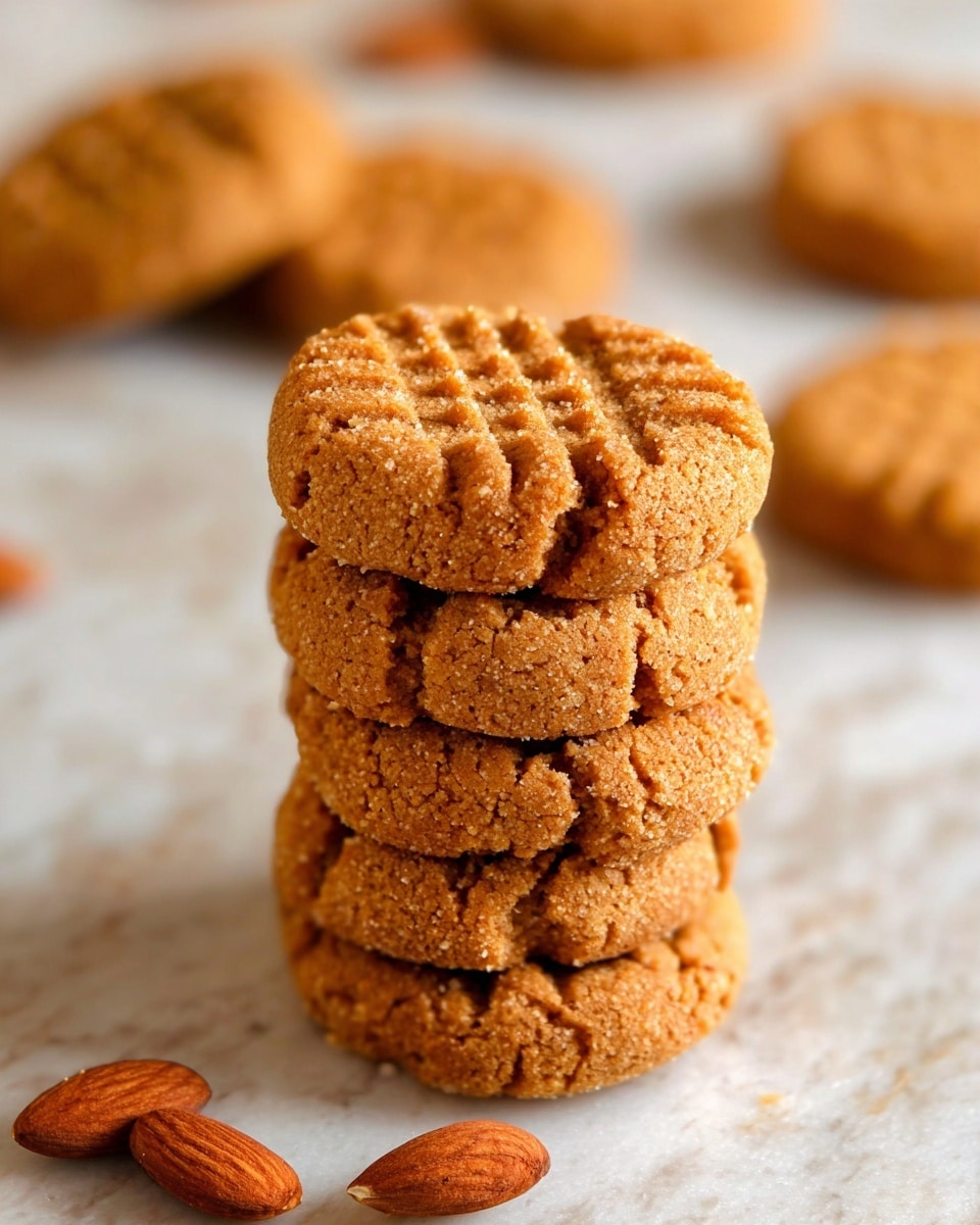 A stack of five round peanut butter cookies with a crumbly, golden-brown texture is placed upright on a white marbled surface. Each cookie has a crisscross fork pattern on top, giving it a classic look. In the blurred background, there are more cookies scattered around and some whole almonds are also visible near the base of the cookie stack. The close-up focus highlights the rough, homemade texture of the cookies. Photo taken with an iphone --ar 4:5 --v 7