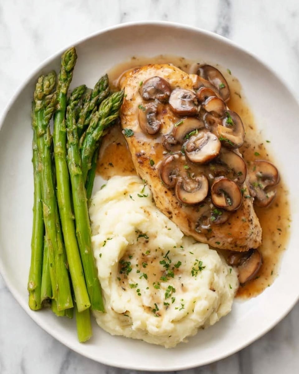 A white plate holds a simple and tasty meal with three parts on a white marbled surface. On the left, a small bunch of bright green asparagus spears lie side by side, fresh and firm. In the middle, a piece of cooked chicken breast sits, topped with light brown mushroom slices and a slightly shiny brown sauce. On the right, smooth white mashed potatoes fill the plate, also covered with the same mushroom sauce and sprinkled lightly with small green herb bits. The whole dish looks warm and inviting. photo taken with an iphone --ar 4:5 --v 7