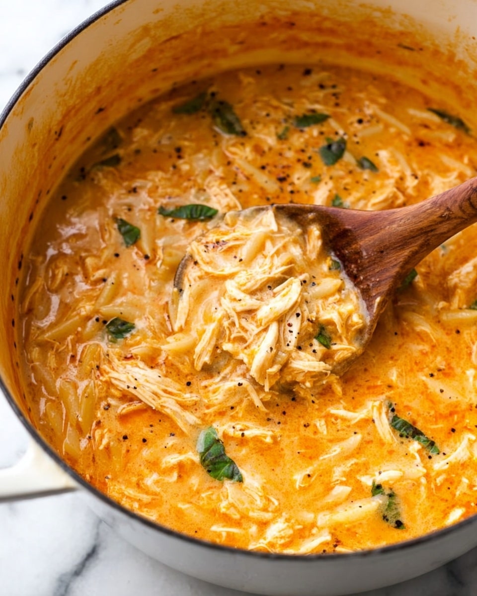 A close-up view of a creamy orange soup with shredded chicken and green basil pieces mixed inside a white pot. The thick soup has visible flecks of black pepper, and the creamy texture coats a wooden spoon lifting a scoop full of soup, showing small soft pasta pieces. The edges of the pot have some orange soup stains, and the background is a white marbled surface. photo taken with an iphone --ar 4:5 --v 7