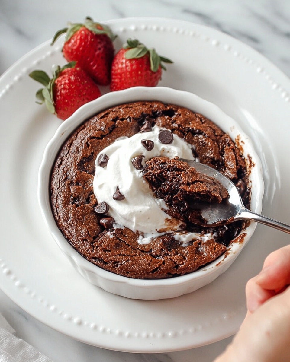 The image shows a round, chocolate baked dessert in a white scalloped ramekin placed on a larger white plate with small dotted patterns along the edge. The dessert has a textured, cracked top layer with visible melted chocolate chips. On the center of the dessert is a dollop of creamy, white whipped topping. A woman's hand is holding a spoon and is scooping into the dessert, lifting a moist, chocolatey portion with melted chips visible inside. Two fresh strawberries with green leafy tops sit on the plate beside the ramekin on a white marbled surface. Photo taken with an iphone --ar 4:5 --v 7