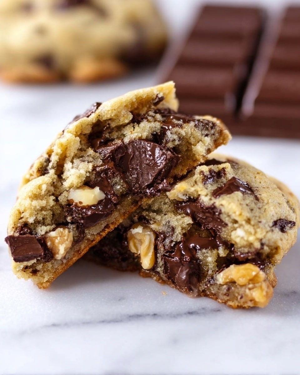 The image shows a close-up of a cookie that is broken in half on a white marbled surface. The cookie has a golden brown outside with a slightly crispy texture. Inside, there are many layers of melted dark chocolate chunks and pieces of walnuts, creating a mix of smooth and crunchy textures. In the background, there is a blurred whole cookie and a dark chocolate bar with square segments. The whole scene is bright and clear, focusing on the rich chocolate and nut filling inside the soft cookie. Photo taken with an iphone --ar 4:5 --v 7