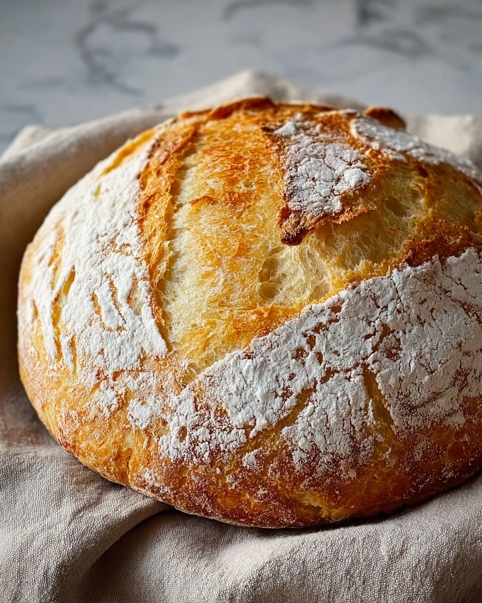 A round loaf of bread with a thick, golden brown crust covered in white flour dust is shown resting on a beige cloth. The crust has a rough, textured look with cracks that reveal the soft, airy inside, which is pale yellow and fluffy. The top surface has a slightly darker brown area with more flour scattered unevenly. The background is a white marbled texture. photo taken with an iphone --ar 4:5 --v 7