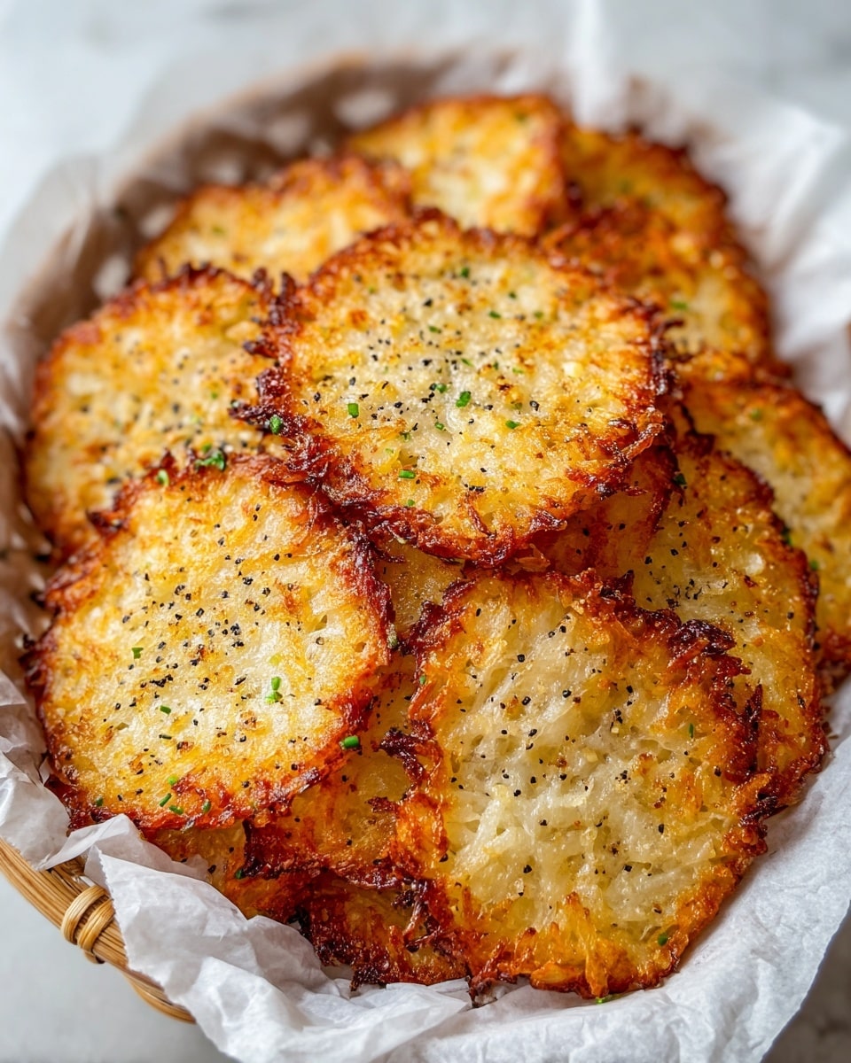 A close-up view of a basket lined with white parchment paper filled with several round, golden-brown, crispy potato latkes stacked in layers. Each latke shows a textured surface with finely grated potato strands, crispy edges that are dark golden to slightly burnt, and sprinkled with black pepper and green herbs, mostly visible on the upper latkes. The basket sits on a white marbled surface, providing a clean background that contrasts softly with the warm colors of the latkes. photo taken with an iphone --ar 4:5 --v 7