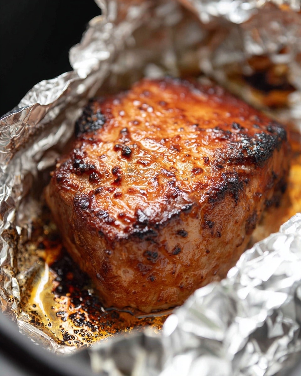 A close-up of a cooked piece of meat with a well-browned and slightly charred surface, wrapped in crinkled aluminum foil. The meat has a rich golden-brown color on top with darker, almost blackened edges, showing a crispy texture. The foil surrounding the meat is shiny and has some blackened spots from cooking, sitting inside a black air fryer basket against a white marbled texture. photo taken with an iphone --ar 4:5 --v 7