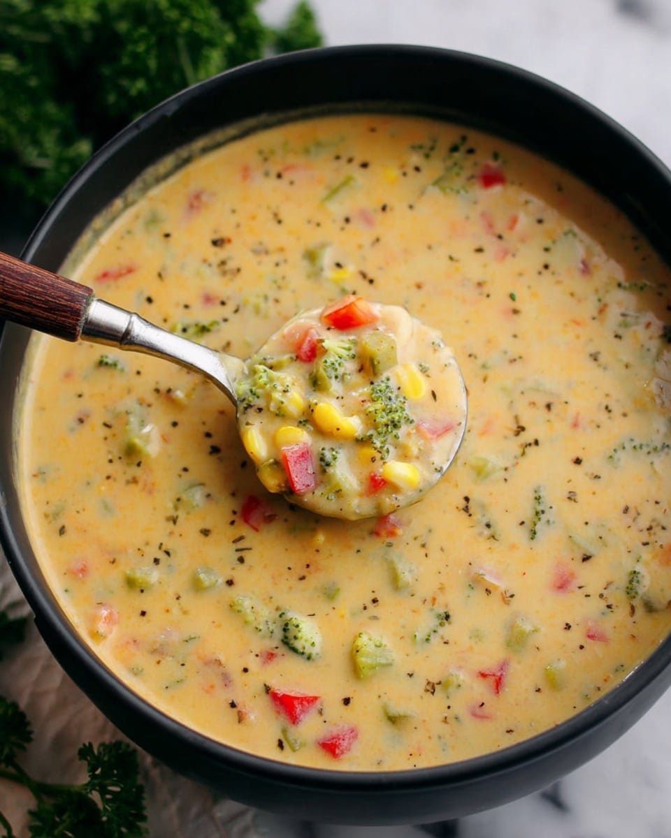The image shows a thick, creamy soup in a black bowl, filled with small diced pieces of colorful vegetables like green broccoli, red bell peppers, and yellow corn, evenly mixed throughout a pale yellow creamy layer with specks of black pepper and herbs. A silver spoon with a wooden handle lifts a portion of the soup, showing a close-up of the soft vegetable pieces blended into the rich, smooth base. The bowl is placed on a white marbled surface with some green parsley blurred in the background for a fresh touch. Photo taken with an iphone --ar 4:5 --v 7