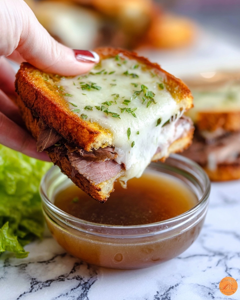 A close-up of a square sandwich being dipped into a small clear glass bowl filled with brown broth. The sandwich has four layers: the bottom layer is golden and crispy, the second layer is thinly sliced roast beef in brown and pink shades, the third layer is melted white cheese with green herb sprinkles, and the top layer is another golden toasted slice of bread, slightly lifted by a woman's hand holding the sandwich. The bowl is on a surface with a white marbled texture, next to some green leafy lettuce, while the background shows a blurred sandwich and some light elements. Photo taken with an iphone --ar 4:5 --v 7