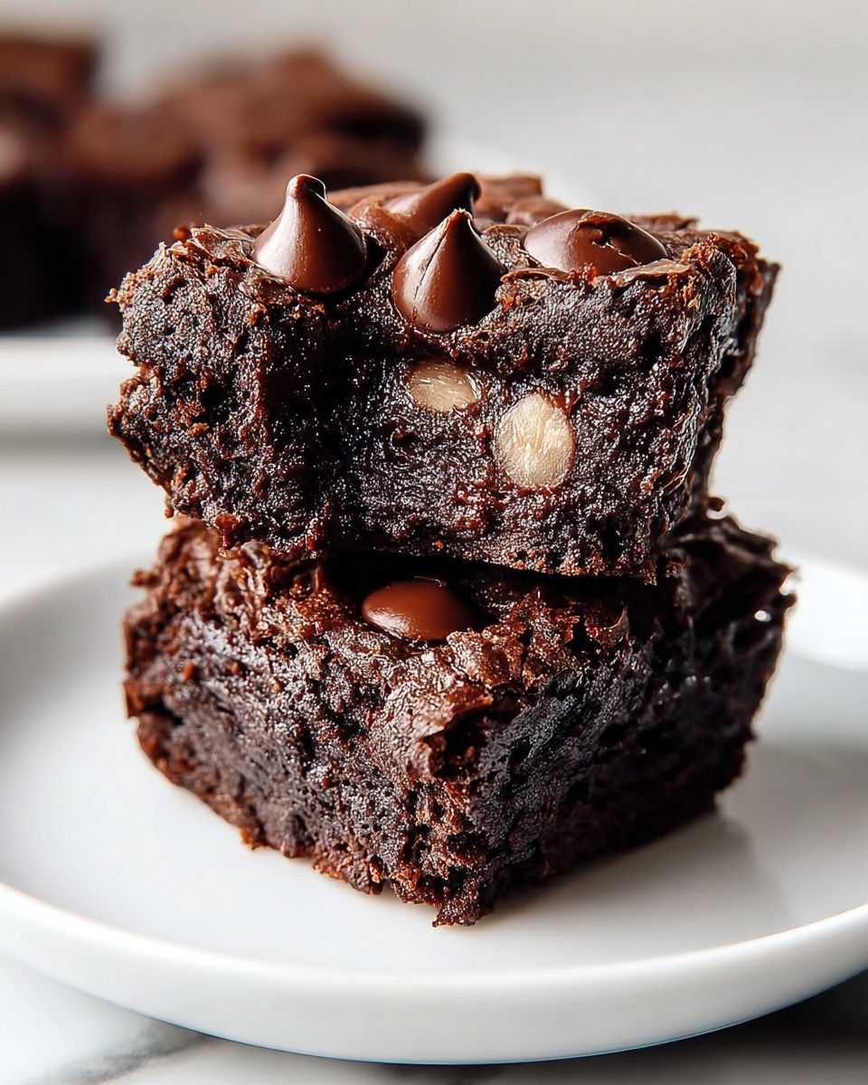 Two dark brown chocolate brownies are stacked on a white plate on a white marbled surface. The bottom brownie shows a dense, moist texture with a cracked top and some chocolate chips visible on the surface and inside. The top brownie is cut in half, revealing a gooey, melted chocolate center with a nut inside, and has five distinct chocolate chips placed evenly on the cracked, shiny top. The overall look is rich and fudgy with a soft, moist inside and a slightly crisp top. photo taken with an iphone --ar 4:5 --v 7