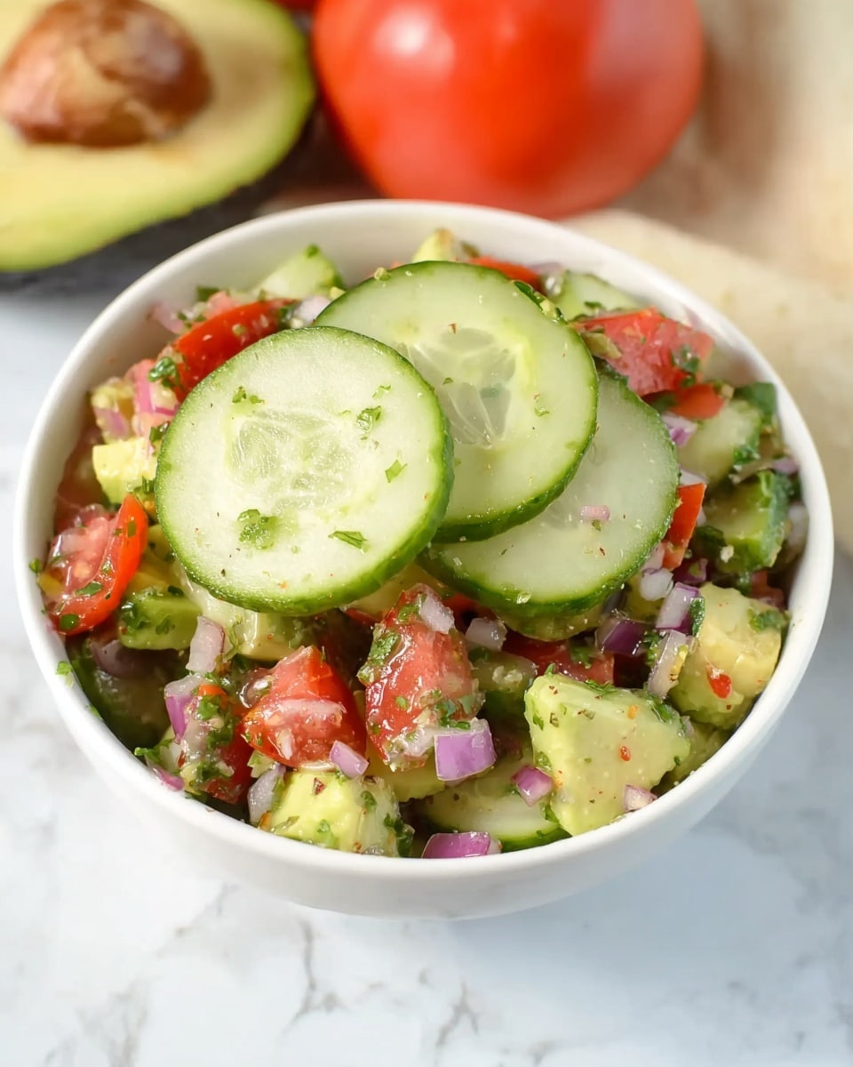A white bowl filled with a fresh salad made of three main layers: the bottom layer has chopped green avocado pieces, the middle layer shows bright red tomato cubes and small purple onion chunks, and the top layer features two large, round slices of pale green cucumber with visible seeds. The ingredients look mixed with green herbs and a light dressing giving a moist texture. The bowl is placed on a white marbled surface, with two whole red tomatoes and one dark green avocado in the background. Photo taken with an iphone --ar 4:5 --v 7