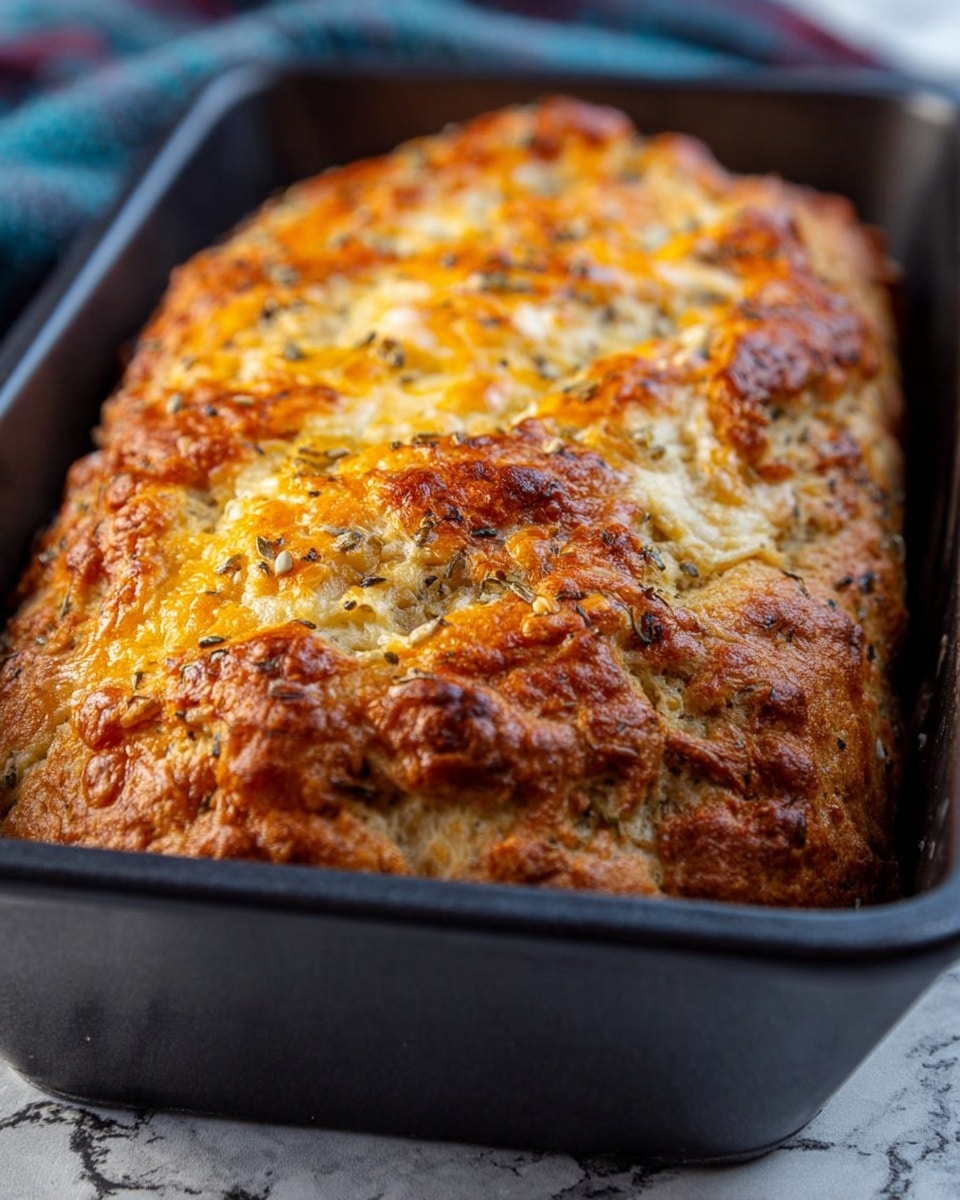 A close-up of a golden-brown baked bread loaf in a black baking pan, showing a crusty top with melted cheese that is bubbly and browned in places. The bread surface has a textured mix of crispy and soft areas with sprinkled seeds and bits of seasoning visible on the top. The loaf looks thick and risen, filling the pan fully, with a slightly uneven and rustic appearance on a white marbled texture. Photo taken with an iphone --ar 4:5 --v 7