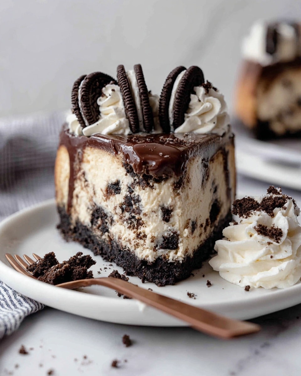 A slice of layered cookies and cream cheesecake sits on a white plate with a white marbled background, showing a dense base layer of crushed chocolate cookies, a thick middle layer of creamy white cheesecake mixed with dark cookie bits, and a smooth, glossy dark chocolate ganache top layer. On top, three swirls of white whipped cream are sprinkled with small cookie crumbs. Beside the slice, there is a dollop of whipped cream topped with two halved chocolate sandwich cookies. A wooden fork with chocolate crumbs lies next to the slice. Photo taken with an iphone --ar 4:5 --v 7