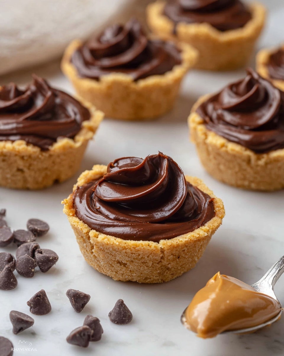 The image shows a white plate holding 15 small cookie cups filled with smooth, thick chocolate ganache. Each cup has one layer, a golden-brown crumbly cookie base shaped like a small bowl, topped with a glossy, dark brown, creamy chocolate filling that forms soft peaks in the center. The cookie edges are slightly rough and uneven, contrasting with the silky texture of the chocolate. The plate is placed on a white marbled surface. photo taken with an iphone --ar 4:5 --v 7