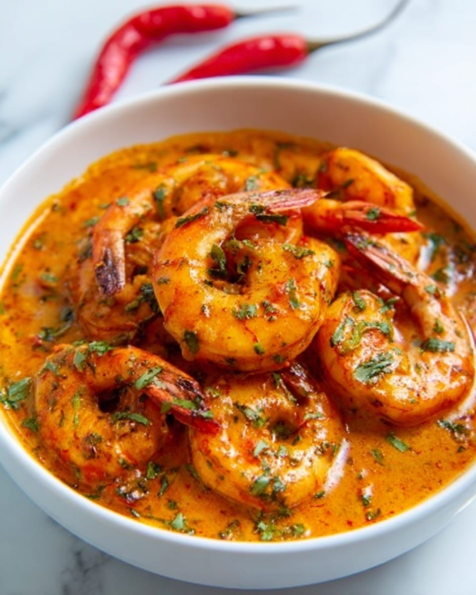 A white bowl filled with shrimp in a thick, orange creamy sauce, garnished with small green herbs sprinkled evenly over the top. The shrimp are large, cooked with tails on, and coated in the rich sauce. The bowl is placed on a white marbled surface, with two red chili peppers slightly blurred in the background. The image has bright, natural lighting that highlights the glossy texture of the sauce and the plump shrimp. photo taken with an iphone --ar 4:5 --v 7