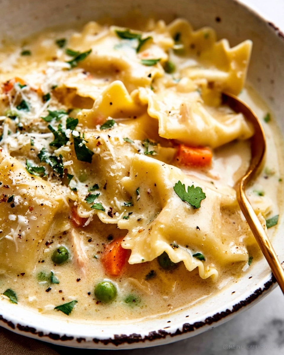 The dish is a creamy soup filled with layered wide, pale yellow pasta pieces with ruffled edges, sitting in a thick, light beige broth with visible small chunks of orange carrots and green peas. The soup has a smooth texture with flecks of black pepper and green herbs sprinkled throughout. On top, there is a light dusting of white grated cheese and fresh green parsley leaves. A gold spoon is partially visible in the bowl, which is white with dark brown speckles around the rim, all placed on a white marbled surface. Photo taken with an iphone --ar 4:5 --v 7