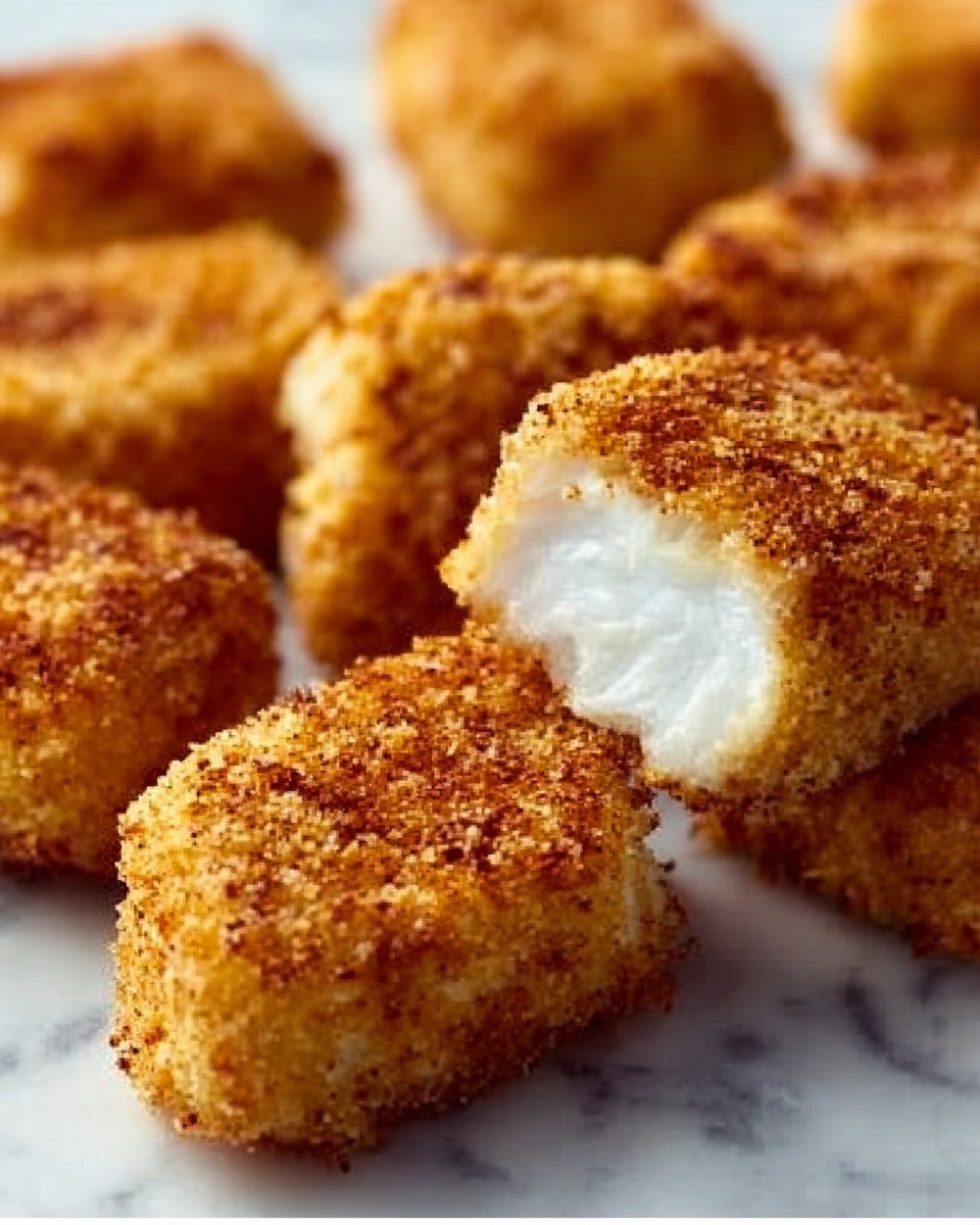 The image shows several golden-brown breaded pieces of food on a white marbled surface. The pieces have a crunchy, textured brown outer layer and a soft, white, fluffy inside layer that is visible in one piece that is cut in half and placed near the center. The crispy outside contrasts with the smooth interior, highlighting the two different textures clearly. The scene is close up, focusing tightly on the food's layers and colors. photo taken with an iphone --ar 4:5 --v 7