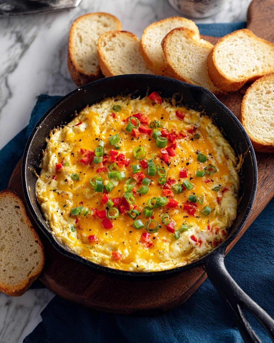 A white round ceramic dish filled with a creamy baked dip topped with melted golden cheese and small pieces of browned bacon scattered evenly across the surface. The dip itself shows hints of green herbs mixed inside, adding color contrast to the golden-brown topping. The dish sits on a wooden board alongside light brown round crackers arranged around it. The background features a white marbled surface. Photo taken with an iphone --ar 4:5 --v 7