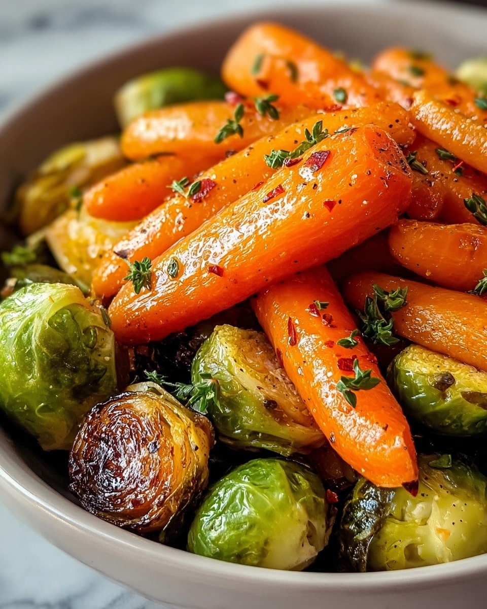 A close-up view of a dish with two main layers: the bottom layer has roasted Brussels sprouts, showing both whole bright green glossy ones and some cut in half with a golden-brown char on their cut sides. The top layer has thick roasted carrots that are shiny with a caramelized surface giving them a rich orange color with some darker grilled spots. The dish is garnished with small, fresh chopped green herbs sprinkled mainly on the carrots. All the vegetables sit together in a shallow white bowl with a smooth clean edge placed on a white marbled surface. photo taken with an iphone --ar 4:5 --v 7