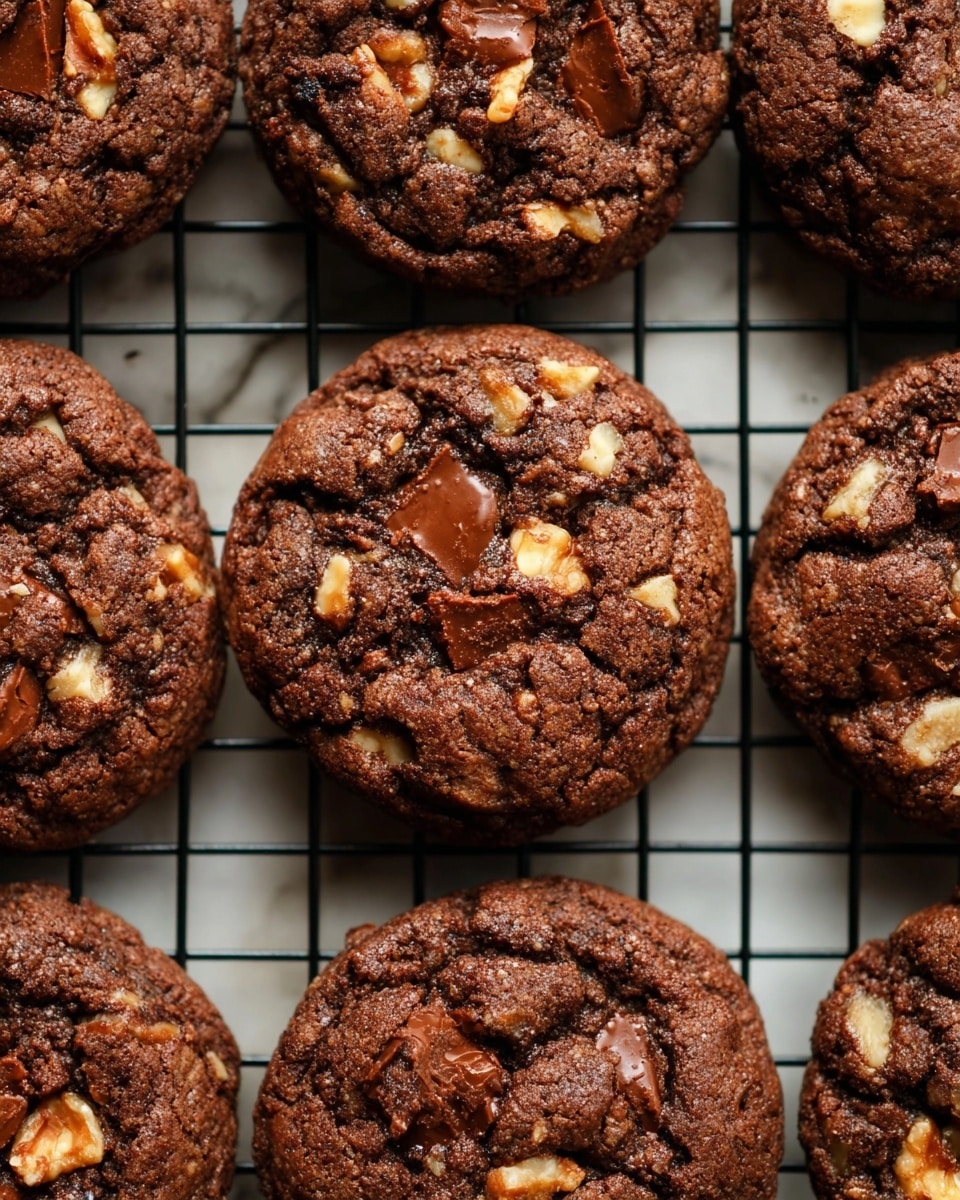 A close-up of a chocolate cookie broken in half on a black cooling rack with parchment paper underneath. The cookie has a rough, cracked dark brown surface with visible chunks of melted chocolate, light brown walnut pieces, and some toasted coconut flakes scattered on top. The melted chocolate inside looks shiny and gooey, contrasting with the cookie’s dense, crumbly texture. Part of two more whole cookies are visible at the edges, showing the same mix of textures and colors. The cooling rack sits over a white marbled surface. photo taken with an iphone --ar 4:5 --v 7