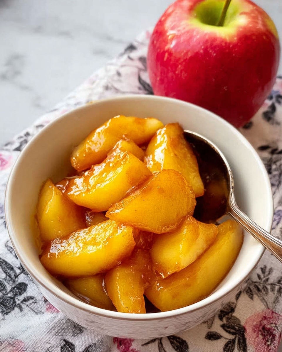 A white bowl filled with golden-brown caramelized apple slices that are glossy and slightly crisp on the edges. The apples are cut into thick wedges, layered loosely within the bowl, each piece showing a warm yellow color with darker brown caramelized tips. A spoon inside the bowl holds a small pile of these glossy apple wedges, lifting them slightly. The bowl sits on a white marbled surface with a slight pattern visible around the edge. Photo taken with an iphone --ar 4:5 --v 7