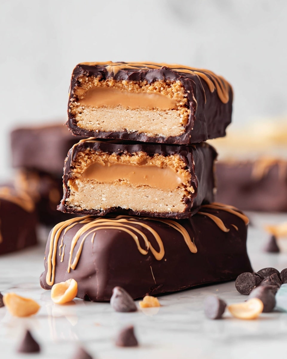A close-up view of three stacked chocolate-covered bars on a white marbled surface, the top bar cut in half to reveal layers inside: a thick middle layer of light brown peanut butter cream between two thin light tan cookie layers, all coated in smooth dark chocolate. The two whole bars beneath have drizzles of light brown peanut butter topping on the shiny chocolate coating. Small chocolate chips and peanut pieces are scattered around the base. The background is soft and blurred. Photo taken with an iphone --ar 4:5 --v 7