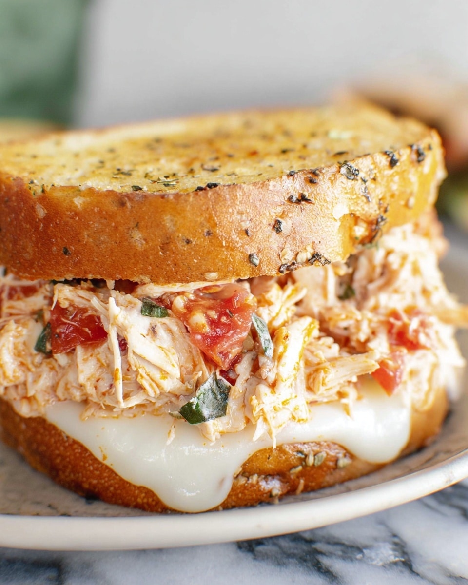 A sandwich on toasted herb bread with three layers is shown close up on a white plate. The bottom layer is melted white cheese, smooth and slightly glossy, covering the entire bottom bread slice. The middle layer is a generous pile of shredded chicken mixed with small pieces of red tomato and green herbs, giving a textured, moist, and colorful look. The top layer is the toasted herb bread slice, golden brown with visible specks of herbs. Everything sits on a white marbled surface out of focus. Photo taken with an iphone --ar 4:5 --v 7