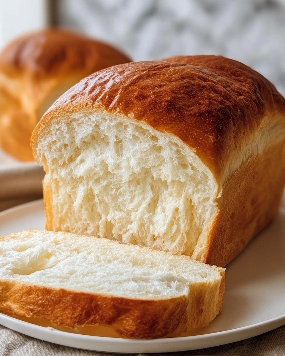 The image shows a loaf of bread placed on a wooden board over a white marbled surface. The loaf is light brown with a smooth, shiny crust on top, and it is sliced into multiple thick pieces lying flat in front of the main loaf. The inside of the bread is soft and pale, showing a fine, even texture. The background is bright and softly blurred, making the bread the main focus. Photo taken with an iphone --ar 4:5 --v 7