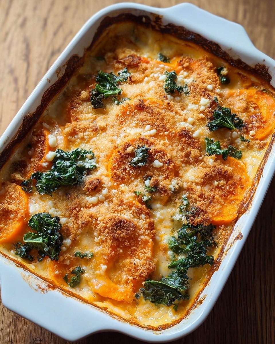 The image shows a baked dish in a white ceramic rectangular casserole. The top layer is golden brown and crispy, covered with small white cheese crumbs and baked cheese that has melted and bubbled. Underneath, there are smooth, bright orange pumpkin or sweet potato slices visible, partly covered by small bunches of dark green kale leaves. The edges of the dish are slightly browned, showing the baked texture. The casserole rests on a wood surface with a natural grain. photo taken with an iphone --ar 4:5 --v 7