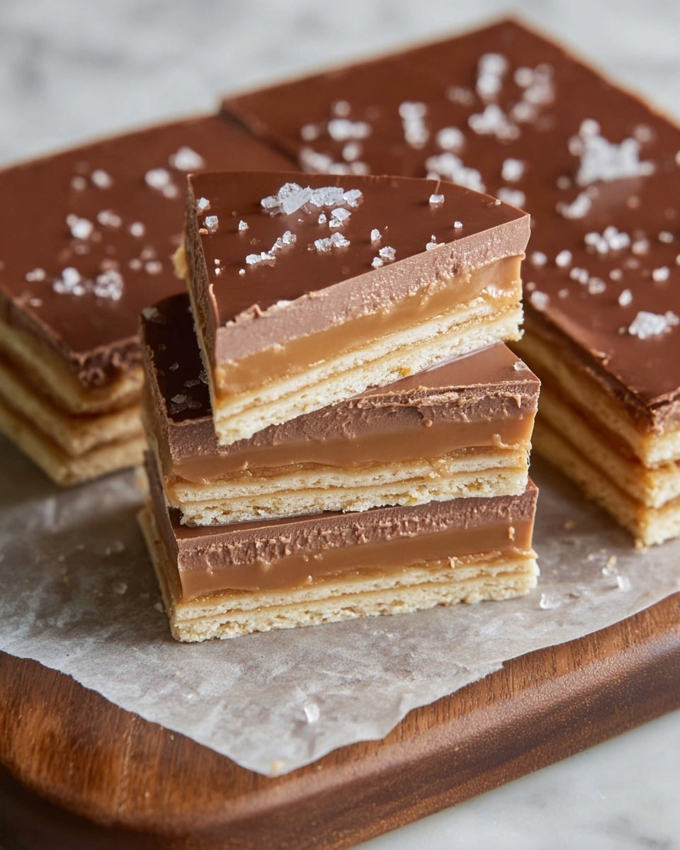 The image shows a wooden board on a white marbled surface with nine square pieces of chocolate fudge neatly cut and displayed in a 3 by 3 grid. Each piece has a smooth, glossy, light brown top layer with a slightly bumpy texture and is sprinkled with coarse white sea salt flakes. One piece is being lifted by a metal spatula from the bottom right corner. In the upper right corner of the image, there is a wooden bowl filled with coarse salt and a small wooden scoop inside it. Photo taken with an iphone --ar 4:5 --v 7