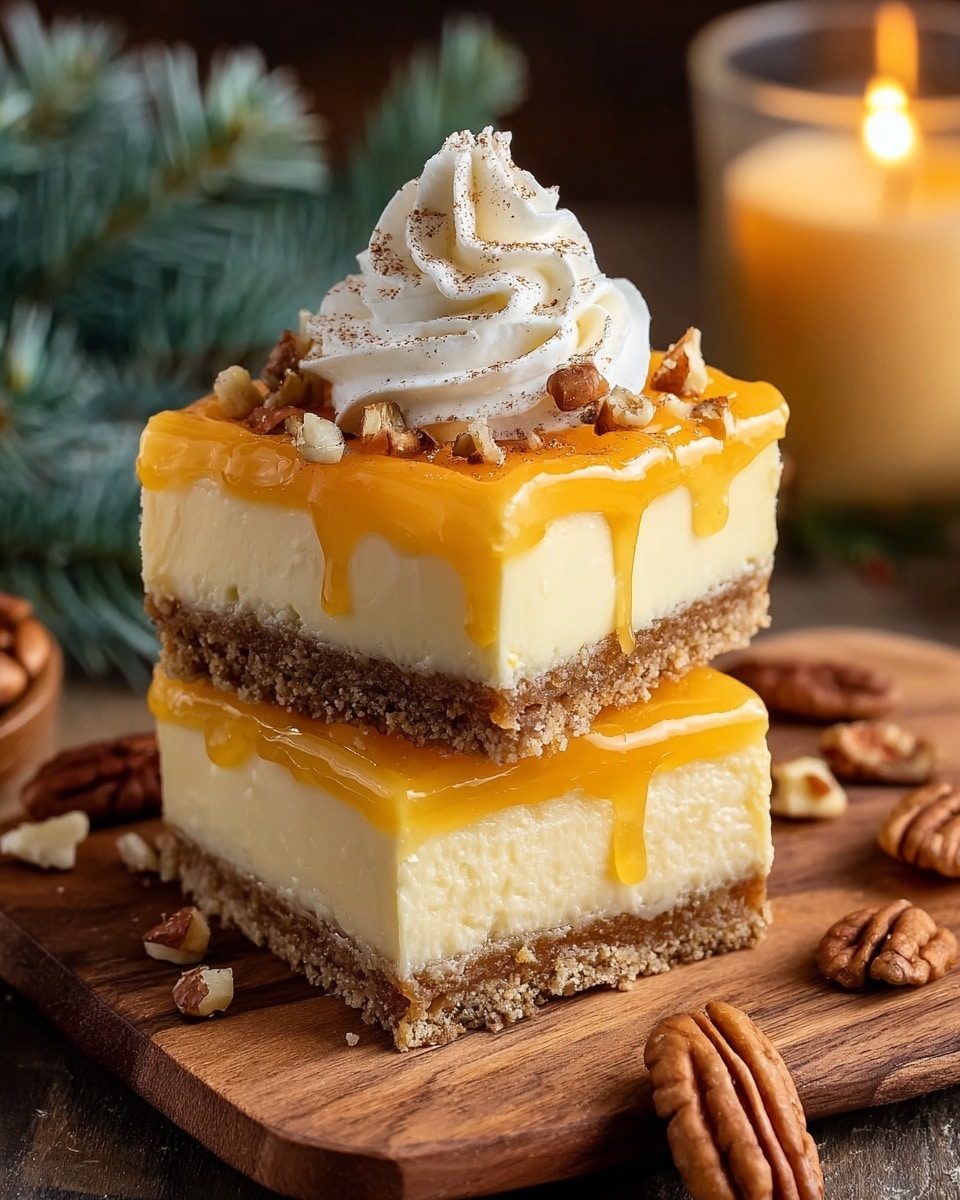 Two square pieces of layered dessert stand stacked on a wooden board. Each piece has three layers: a bottom crumbly crust in light brown with a rough texture, a thick middle layer of creamy pale yellow filling showing a smooth, slightly wavy surface, and a thin top layer of shiny orange glaze that drips slightly down the sides. The top piece is decorated with a swirl of white whipped cream garnished with small nut pieces and a dusting of brown spice on top. Around the board are whole and chopped pecans, with a lit candle and blurred pine twigs in the soft background. photo taken with an iphone --ar 4:5 --v 7