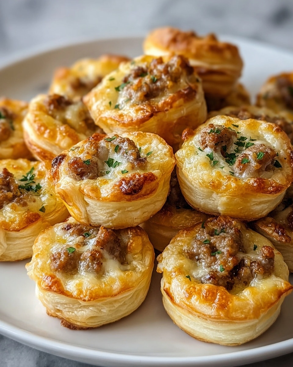 A white plate holds about fifteen small puff pastry bites, each with three visible layers of golden-baked, flaky dough. On top of the dough sits a slightly browned layer of melted white cheese, covering crumbled browned sausage pieces. The sausage has a textured, meaty appearance with small flecks of green herbs sprinkled over everything. The edges of the pastries are nicely puffed and light golden, giving a crispy look against the soft cheese and meat topping. The plate is set on a white marbled surface. photo taken with an iphone --ar 4:5 --v 7