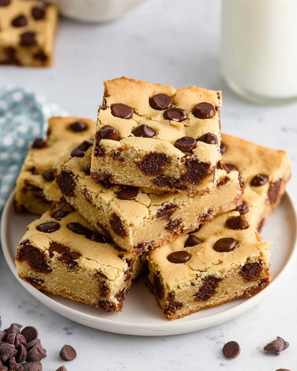 A white round plate holds a stack of square chocolate chip cookie bars, each bar showing a golden-brown baked surface dotted with large, dark chocolate chips scattered evenly. The cookie bars have a slightly crunchy edge and a soft, chewy center, with the chocolate chips slightly melted into the dough. Around the plate, there are small clusters of dark chocolate chips and a white bowl partially visible, adding context to the setting on a white marbled texture. photo taken with an iphone --ar 4:5 --v 7