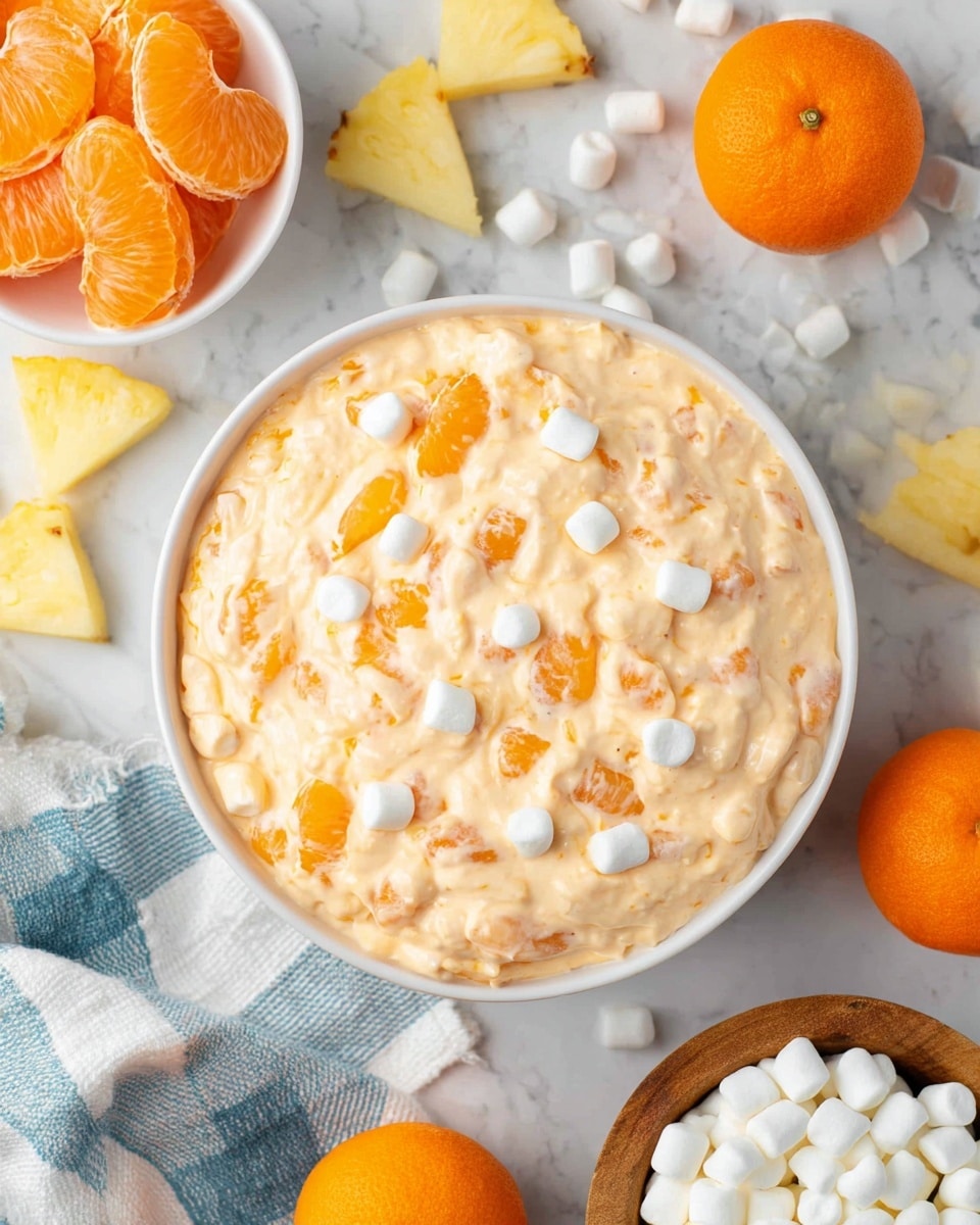 A close-up of a spoon holding a creamy dessert with soft white and light orange chunks mixed together, showing a smooth and fluffy texture with pieces of mandarin orange clearly visible. In the background, a white bowl filled with the same dessert and a couple of mandarin oranges are slightly out of focus, all set on a white marbled surface. The colors blend creamy white and bright orange, giving a fresh and inviting look. photo taken with an iphone --ar 4:5 --v 7