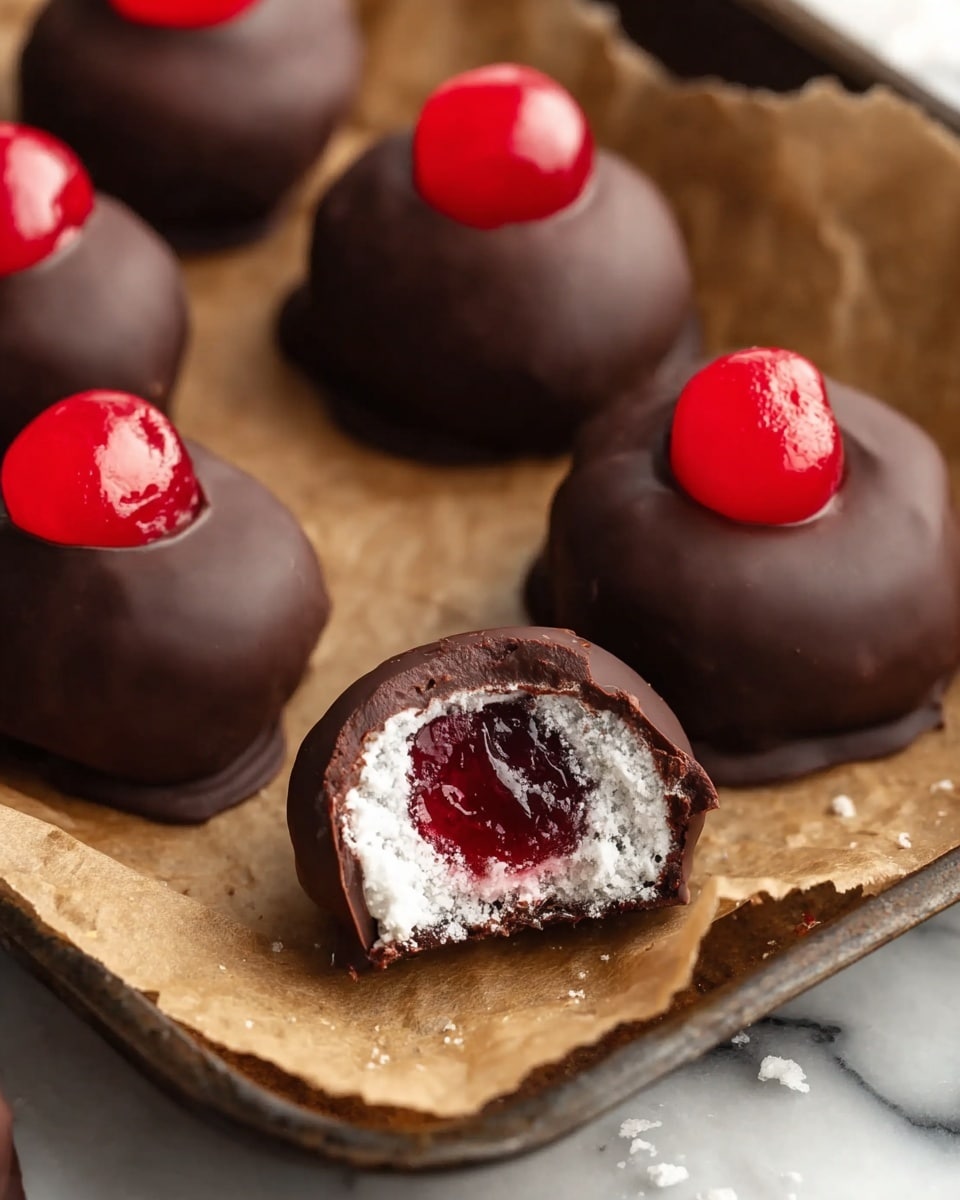 The image shows several round chocolate-covered cherry candies arranged on brown parchment paper over a white marbled textured surface. Each candy has three clear layers: the top layer is a bright red cherry that pokes out of the smooth dark brown chocolate coating, the middle layer is white powdered sugar dusted around the cherry inside the chocolate shell, and the bottom layer is the rich glossy dark chocolate outer shell which is thick and slightly uneven in texture. One candy in the front is bitten in half, showing the bright red cherry center surrounded by the white sugary layer inside the dark chocolate shell. The bright red cherry stands out vividly against the dark chocolate and white powder. photo taken with an iphone --ar 4:5 --v 7
