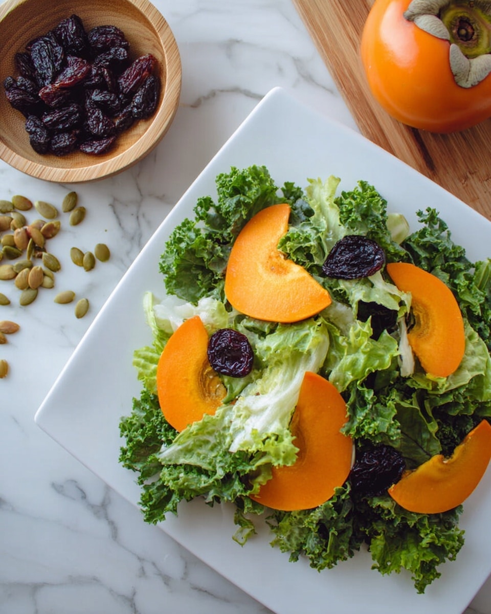 The image shows a salad served on a large white square plate placed on a white marbled surface. The salad has several layers starting with a base of fresh green kale and lettuce leaves. On top, there are bright orange slices of persimmon evenly spread out. Scattered among the greens are small, dark purple berries and light green pumpkin seeds, adding texture and color contrast. To the right of the plate, there is a small white bowl filled with more dark berries and an orange whole persimmon fruit next to it. Photo taken with an iphone --ar 4:5 --v 7