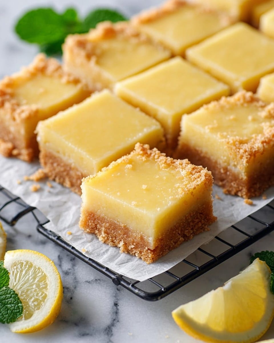 The image shows a stack of three lemon bars with two layers each: a thick, smooth, pale yellow lemon filling on top, and a crumbly, light golden brown crust at the bottom. The lemon bars are square-shaped and slightly glossy on the lemon layer. A woman's hand with light blue nail polish is gently holding the top lemon bar. There is a small green mint sprig to the left side on a white marbled surface, with an out-of-focus lemon wedge in the background. The setting is bright and clean, emphasizing the fresh look of the dessert. photo taken with an iphone --ar 4:5 --v 7