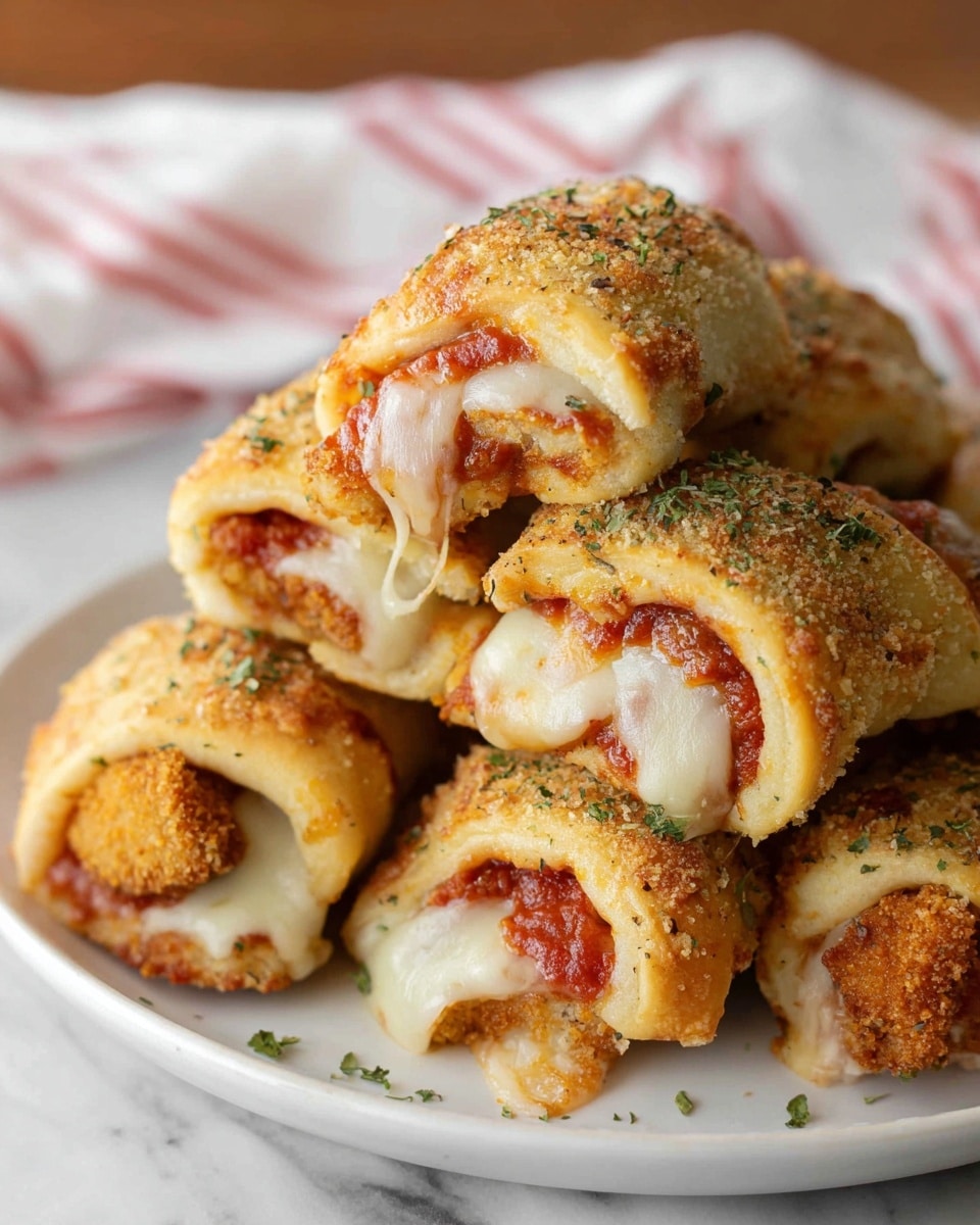 The image shows a white plate stacked with several crescent roll snacks. Each snack has three visible layers: the bottom layer is golden-brown crispy breaded chicken, the middle layer is red tomato sauce, and the top layer is melted white cheese wrapped inside a soft, slightly browned crescent dough sprinkled with dried green herbs. The foods are closely packed on the plate, and the background features a white marbled texture with a white and red striped cloth partially visible in the back. Photo taken with an iphone --ar 4:5 --v 7
