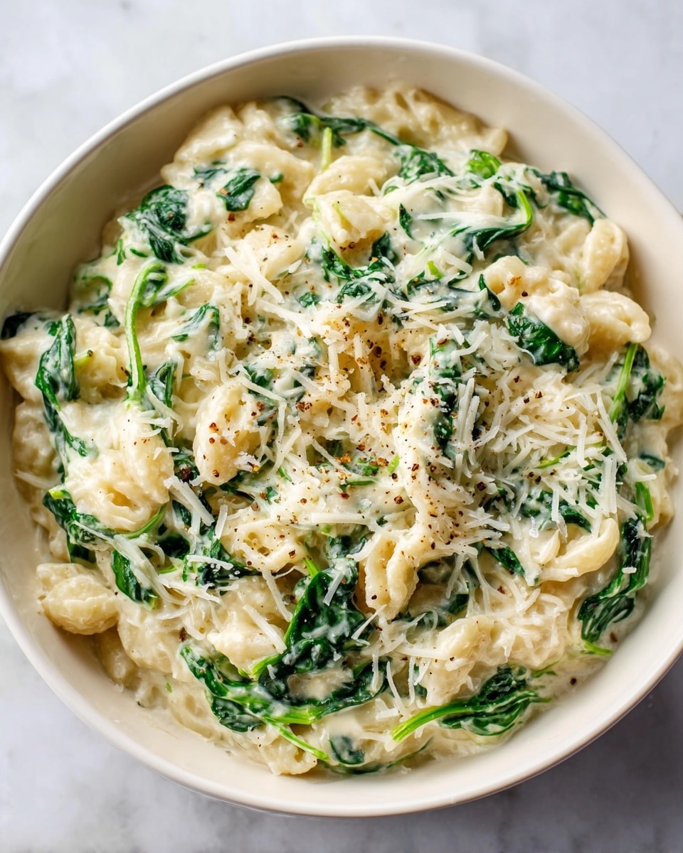 A creamy dish served in a white bowl filled with soft, small pasta pieces mixed thoroughly with wilted green spinach leaves. The pasta and spinach layers are coated in a thick, smooth, white sauce with a slightly glossy texture. Shredded cheese is sprinkled lightly on top, melting into the sauce and adding a soft, crumbly texture with a few small brown specks of seasoning or pepper visible across the surface. The bowl sits on a white marbled texture surface, adding a clean bright background to the dish. Photo taken with an iphone --ar 4:5 --v 7