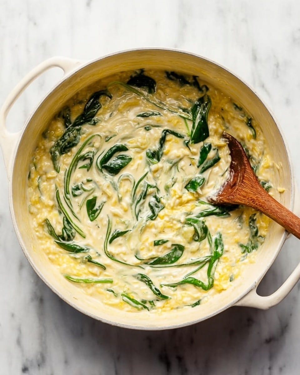A creamy dish with a mix of small, light yellow pieces layered with vibrant green leaves, all stirred together in a round, white pot with a wooden spoon partly inside the pot on the right side, placed on a white marbled surface. The texture looks soft and slightly thick with visible swirls from stirring. Photo taken with an iphone --ar 4:5 --v 7