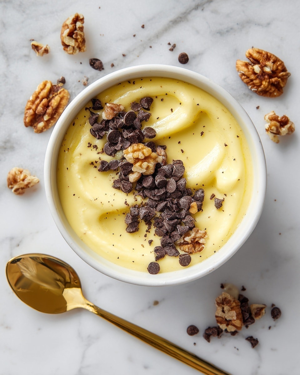 A white bowl filled with a smooth, pale yellow custard or pudding with a slightly wrinkled surface, topped with a small pile of dark brown chocolate chips and mixed nuts clustered on one side. Small bits of the topping are scattered around the bowl on a white marbled surface, with a shiny gold spoon placed beside the bowl. Photo taken with an iphone --ar 4:5 --v 7