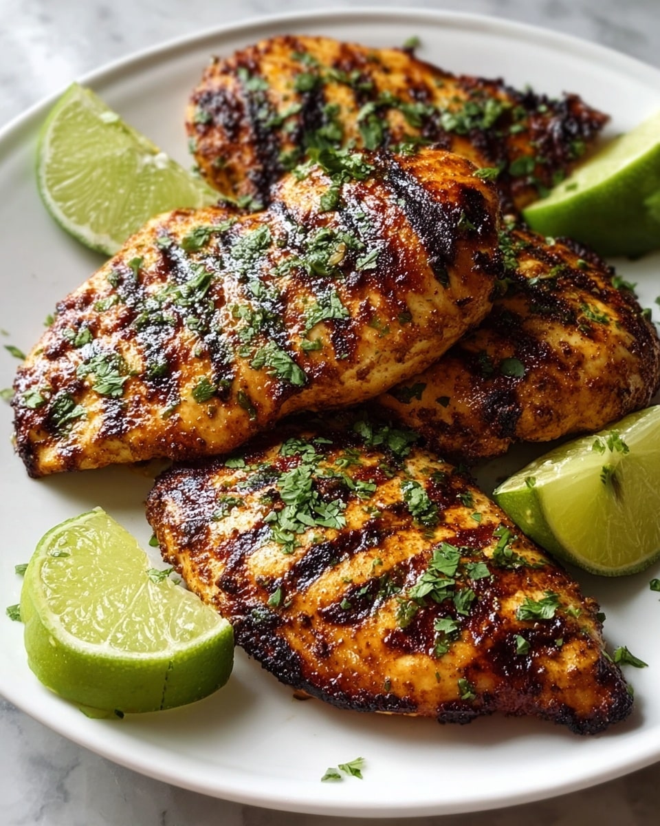 A white plate holds three grilled chicken breasts, each showing dark brown grill marks contrasting the golden, slightly charred skin. The chicken is sprinkled with fresh green herbs and is placed near three bright green lime wedges. The plate is set on a white marbled surface. photo taken with an iphone --ar 4:5 --v 7