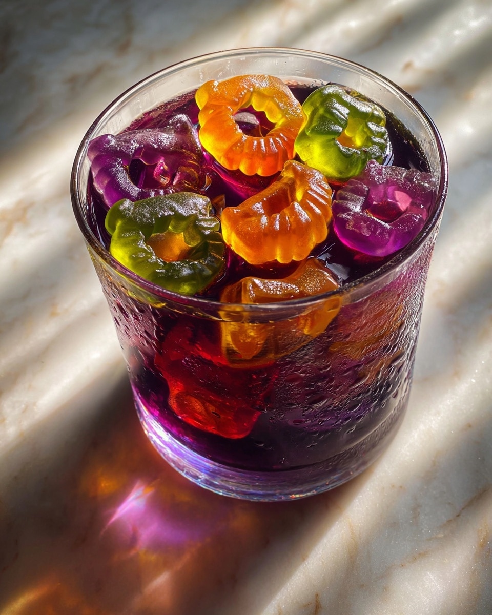 A clear glass filled with a dark purple liquid and ice cubes, topped with colorful gummy rings in shades of green, orange, and yellow floating on the surface. The drink has condensation on the outside of the glass, and sunlight creates warm reflections and shadows on a white marbled surface underneath. The gummy rings add a bright, chewy texture contrast to the smooth, cold drink inside the glass. photo taken with an iphone --ar 4:5 --v 7