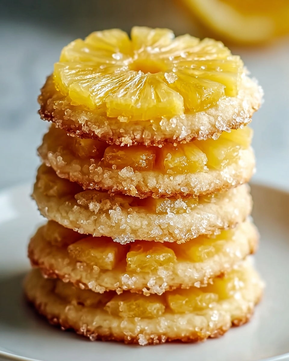 A close-up view of a stack of four round pineapple cookies on a white plate, placed on a white marbled surface. Each cookie has a golden yellow pineapple slice on top, with natural fruit texture and segments clearly visible. The pineapples are glossy and look juicy. The cookie base is light golden brown with a rough, crumbly texture sprinkled with coarse sugar crystals, creating a sparkling effect. The layers are evenly stacked, showing their thick and soft dough beneath the pineapples. photo taken with an iphone --ar 4:5 --v 7