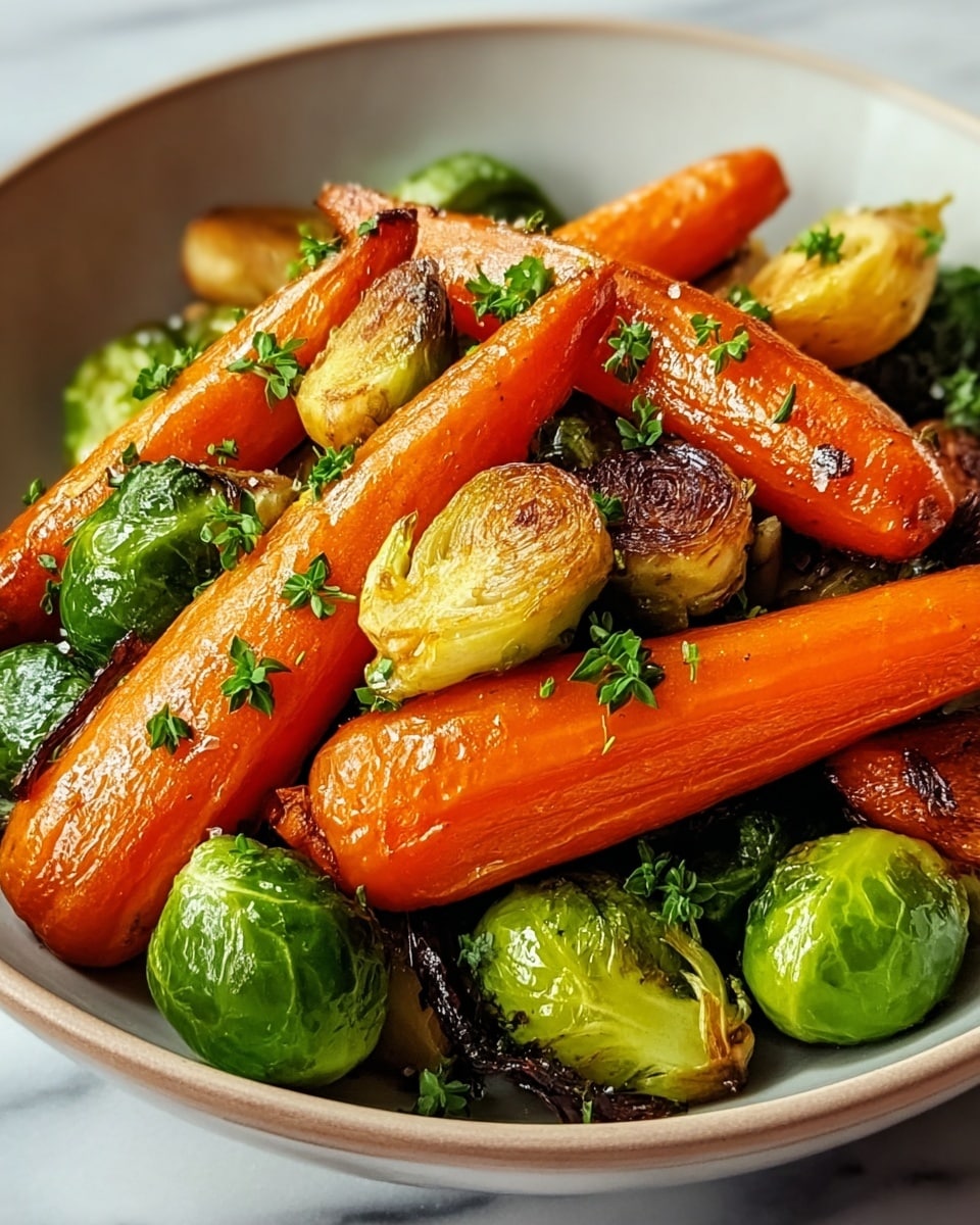 A close-up view of roasted vegetables served in a white bowl, showing two main layers: the bottom layer has bright green Brussels sprouts, some whole and some cut in half with a browned, crispy texture; the top layer consists of shiny orange glazed carrots sprinkled with small chili flakes and chopped green herbs. The vegetables have a slightly oily surface with a roasted, caramelized look. The background is a white marbled texture. photo taken with an iphone --ar 4:5 --v 7