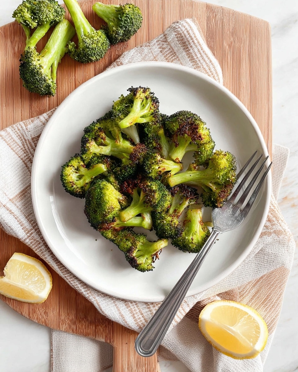 A white plate holds several pieces of roasted broccoli, each piece showing a mix of bright green with crispy, browned edges. The broccoli pieces are spread out evenly on the plate, which sits on top of another larger white plate. Next to the smaller plate, a silver fork rests on the right side. Behind the plate, a white square baking dish filled with more roasted broccoli pieces is placed on a light brown and white striped cloth. The whole setup is on a surface with a white marbled texture, and there is a small slice of lemon partially visible on the right side. Photo taken with an iphone --ar 4:5 --v 7