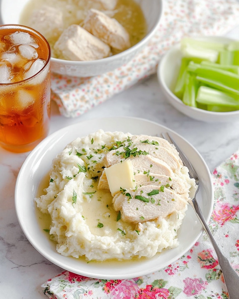 The image shows a white round plate filled with creamy mashed potatoes topped with a melting square of butter and sprinkled with finely chopped green herbs. On top of the mashed potatoes, there are pieces of sliced, tender cooked chicken covered in a light sauce with visible herbs. A silver fork rests on the right side of the plate. Above the plate, there is a bowl filled with chicken pieces in a pale greenish sauce. To the right of the plate, a clear glass is filled with iced tea and ice cubes, placed on a floral patterned cloth. The whole scene is set on a white marbled surface. photo taken with an iphone --ar 4:5 --v 7