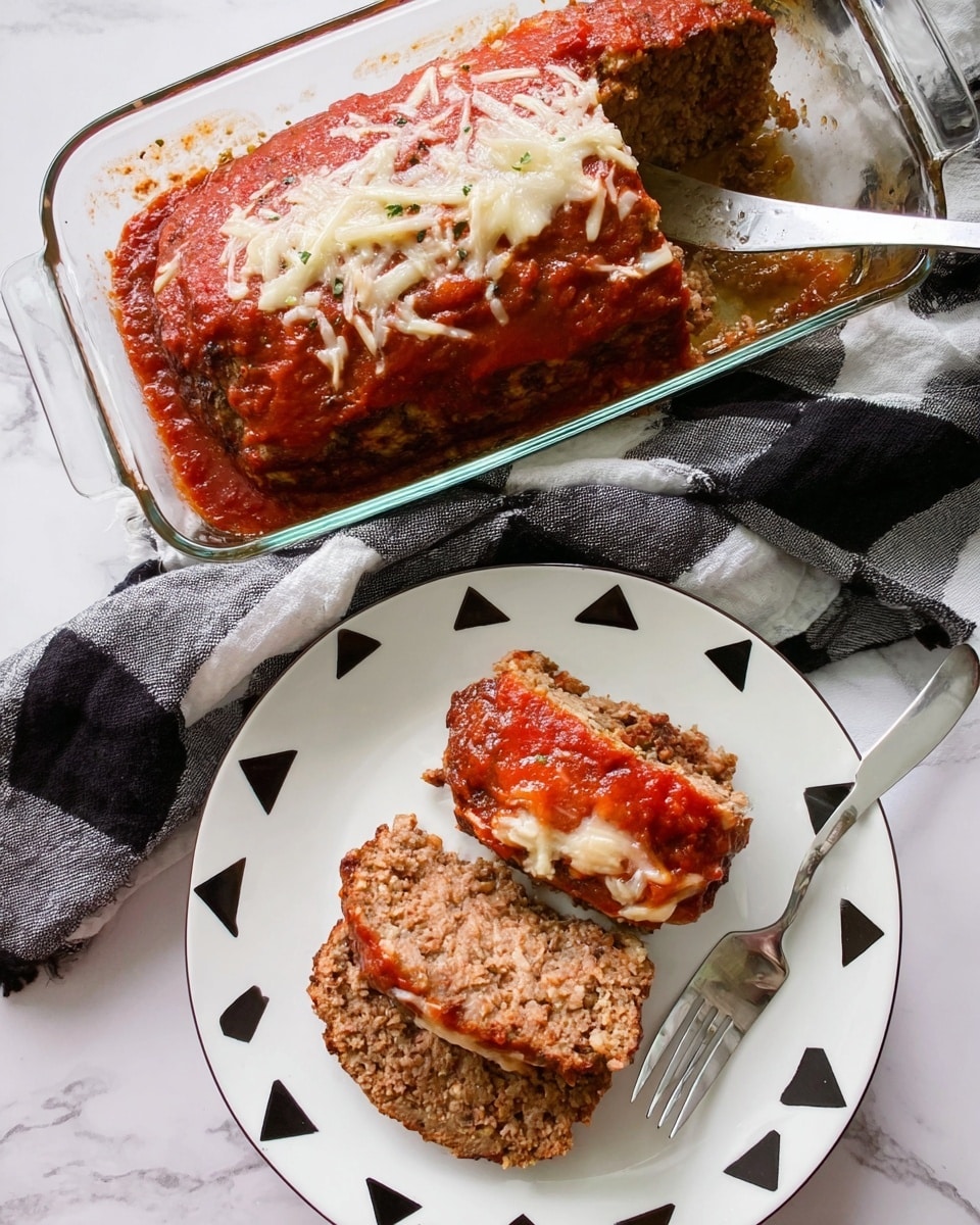 The image shows a close-up of two thick slices of meatloaf placed on a white plate with a smooth texture. The meatloaf has a crumbly, cooked texture with a brown color and some darker bits, topped with a layer of red tomato-based sauce that spreads unevenly around the edges and on top. Small pieces of white onion can be seen mixed in the meatloaf and on the sauce. In the background, a glass baking dish with more meatloaf is slightly out of focus, resting on a white marbled surface. A woman's hand is visible near the edge of the dish. Photo taken with an iphone --ar 4:5 --v 7