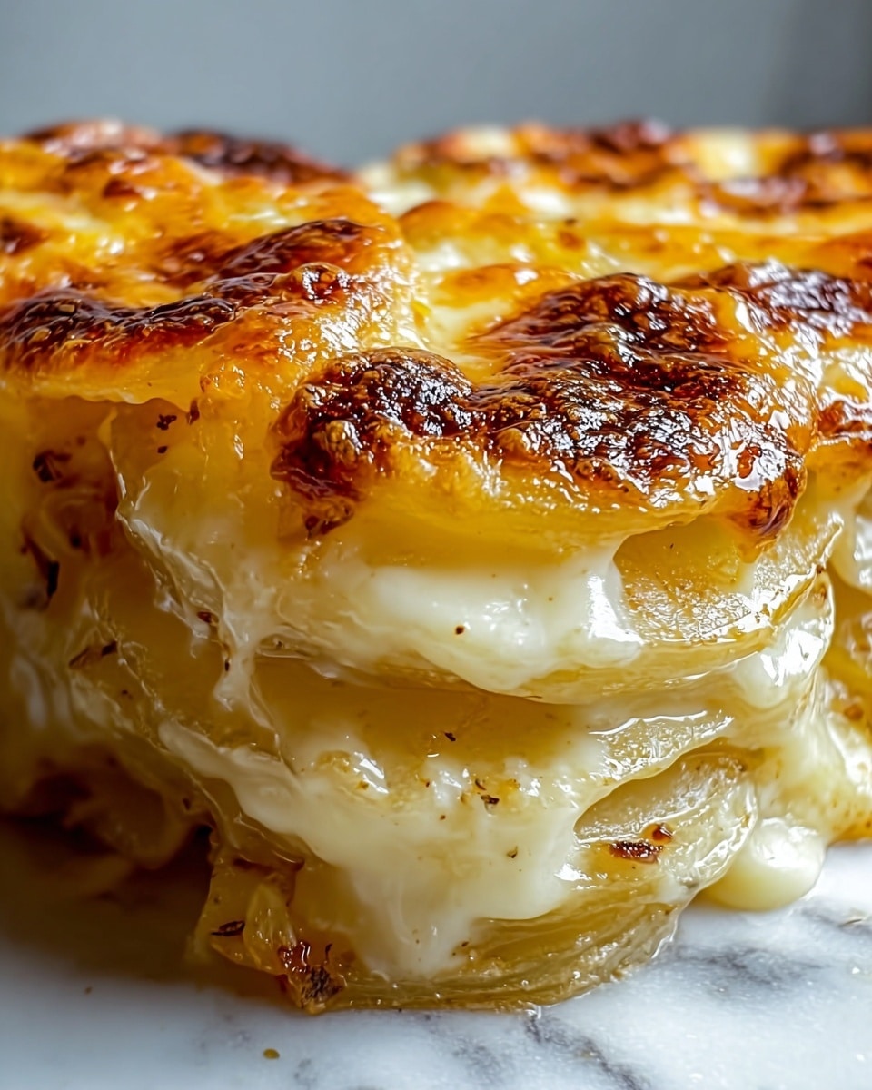 A close-up image of a baked dish with three visible layers showing melted cheese and browned crispy tops. The top layer is a golden-brown melted cheese crust with darker toasted spots and a slightly bumpy texture. Beneath this, there is a thick creamy cheesy layer, pale yellow and smooth in texture, that is oozing slightly down the sides. The bottom layer appears to be thinly sliced potato or onion, visible as translucent beige, layered slices with a soft texture, slightly browned at the edges. The layers stack neatly on each other, showing the gooey melted cheese flowing between them, all resting on a white marbled surface. photo taken with an iphone --ar 4:5 --v 7