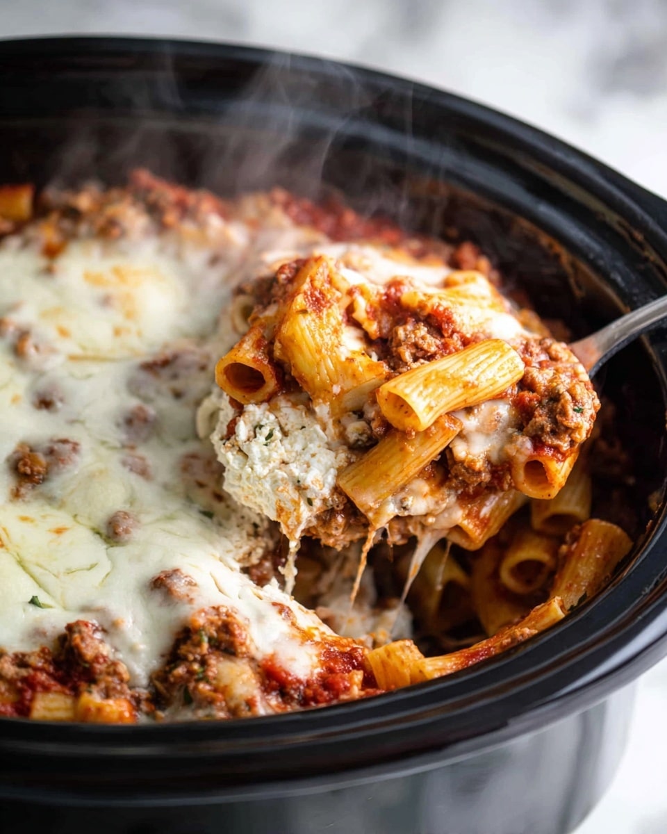 This image shows a close-up of baked pasta in a black slow cooker. The dish has several layers starting with penne pasta coated in red tomato sauce at the bottom, mixed with crumbled white cheese. On top is a thick layer of melted white cheese that is slightly browned in some places. The pasta looks soft and is covered evenly in sauce and cheese. There is a black spatula scooping some pasta out, showing the layers clearly. The background is a white marbled texture. photo taken with an iphone --ar 4:5 --v 7