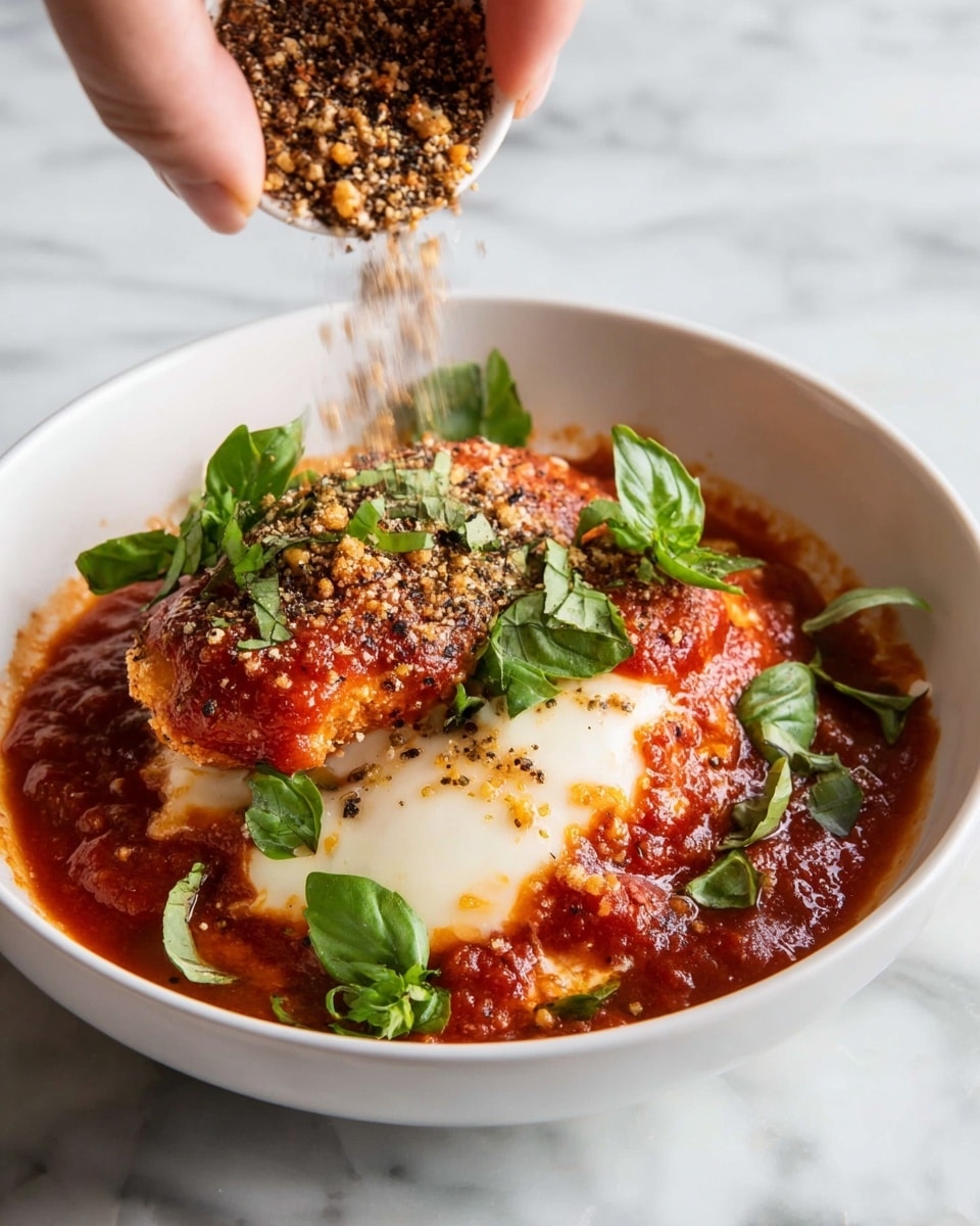 A white bowl holds a three-layer dish beginning with a rich red tomato sauce at the bottom, topped by a thick, smooth layer of melted white cheese. On top of the cheese, there is a piece of round cooked chicken covered with a red sauce patch. Dark crushed pepper and ground spices are being sprinkled generously from a woman's hand above, creating a textured layer on the chicken and cheese. Fresh green basil leaves are scattered across the surface, adding a fresh contrast to the reds and whites. The bowl sits on a white marbled surface. photo taken with an iphone --ar 4:5 --v 7
